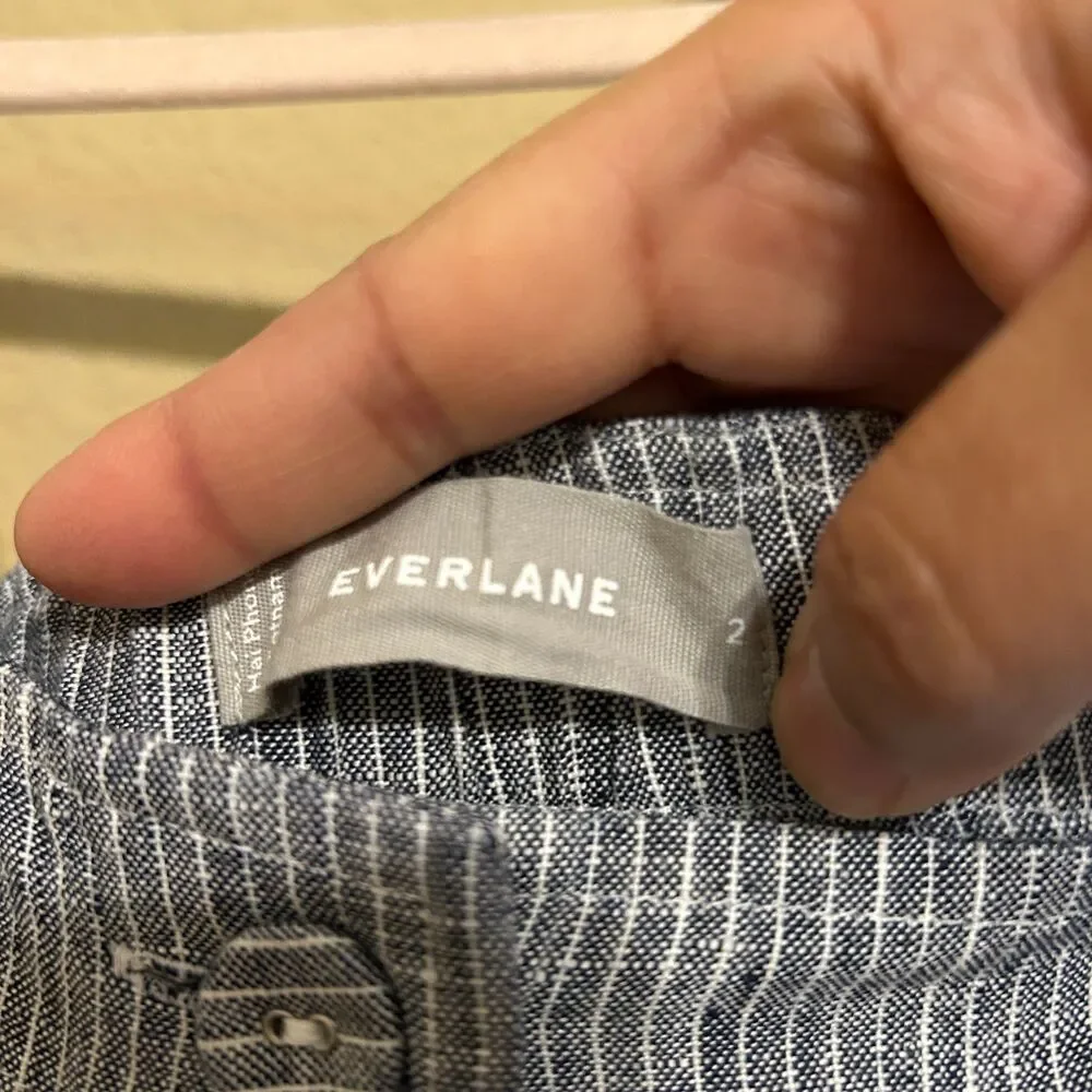 Everlane 100% Linen Jumpsuit Womens Size 2 Blue White Railroad Stripe Wide Leg